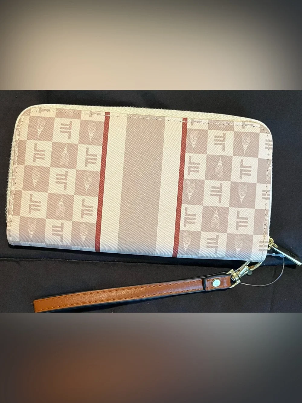 London Fog Beige & Red Stripe Logo Zip Wallet Wristlet